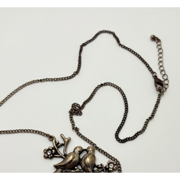 Vintage Lovebirds Pendant Necklace Sitting on Branch Rhinestone Accents - Picture 5 of 7